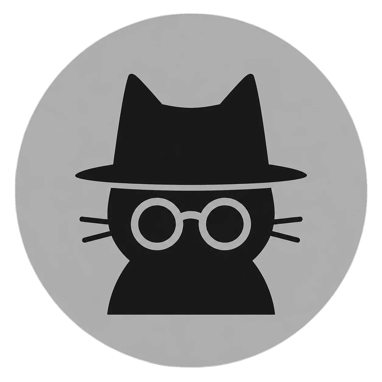 Incognito Cat, a flat black cat silhouette in a fedora and round glasses